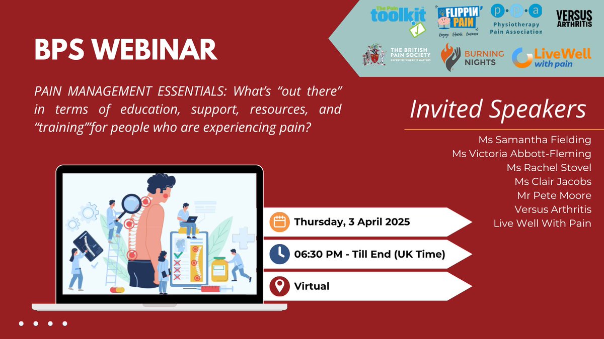 The British Pain Society (@britishpainsoc) on Twitter photo 🌍 Webinar Alert
📅 3rd April 2025
🗣️Pain management essentials with <a href="/PhysioPainAssoc/">PPA</a> <a href="/paintoolkit2/">Pete Moore</a> <a href="/CRPSguru/">Victoria Abbott-Fleming MBE</a> <a href="/FlippinPain/">Flippin’ Pain</a> <a href="/VersusArthritis/">Versus Arthritis</a> Live well with Pain
📝Register here: us06web.zoom.us/webinar/regist… 🌍 Webinar Alert
📅 3rd April 2025
🗣️Pain management essentials with <a href="/PhysioPainAssoc/">PPA</a> <a href="/paintoolkit2/">Pete Moore</a> <a href="/CRPSguru/">Victoria Abbott-Fleming MBE</a> <a href="/FlippinPain/">Flippin’ Pain</a> <a href="/VersusArthritis/">Versus Arthritis</a> Live well with Pain
📝Register here: us06web.zoom.us/webinar/regist…