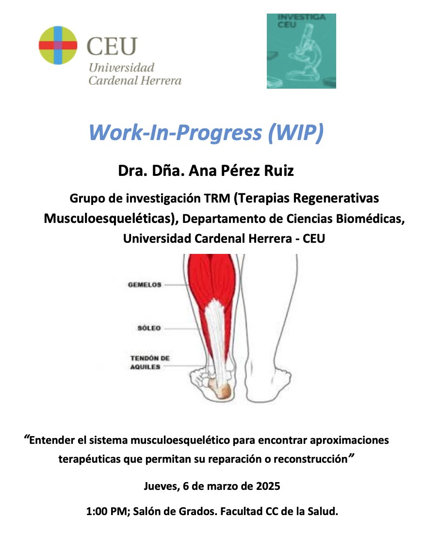 Ciencia CEU UCH (@cienciauchceu) on Twitter photo Este jueves, conoceremos el Work in Progress (WIP) del Grupo de #Investigación en Terapias Regenerativas Músculoesqueléticas (TRM) de <a href="/uchceu/">Universidad CEU UCH</a>, a cargo de su IP, la Dra. Ana Pérez Ruiz, del Dpto. de Ciencias Biomédicas.
📍WIP jueves 6 de marzo, 13h. Salón Grados Fac CC Salud Este jueves, conoceremos el Work in Progress (WIP) del Grupo de #Investigación en Terapias Regenerativas Músculoesqueléticas (TRM) de <a href="/uchceu/">Universidad CEU UCH</a>, a cargo de su IP, la Dra. Ana Pérez Ruiz, del Dpto. de Ciencias Biomédicas.
📍WIP jueves 6 de marzo, 13h. Salón Grados Fac CC Salud