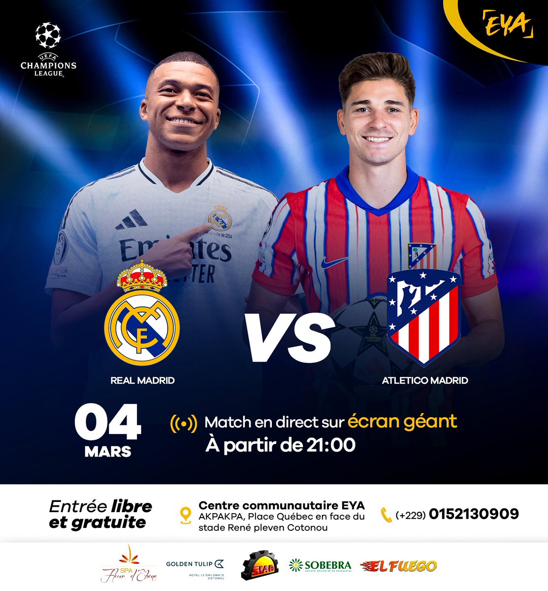 Un derby espagnol explosif en huitièmes de finale de la Ligue des Champions : Real Madrid vs. Atlético Madrid ! ⚽🔥

Rendez-vous ce soir pour ce choc tant attendu ! 

Partagez vos pronostics en commentaires et tentez de remporter des lots en pronostiquant sur place.

#EYAcenter
