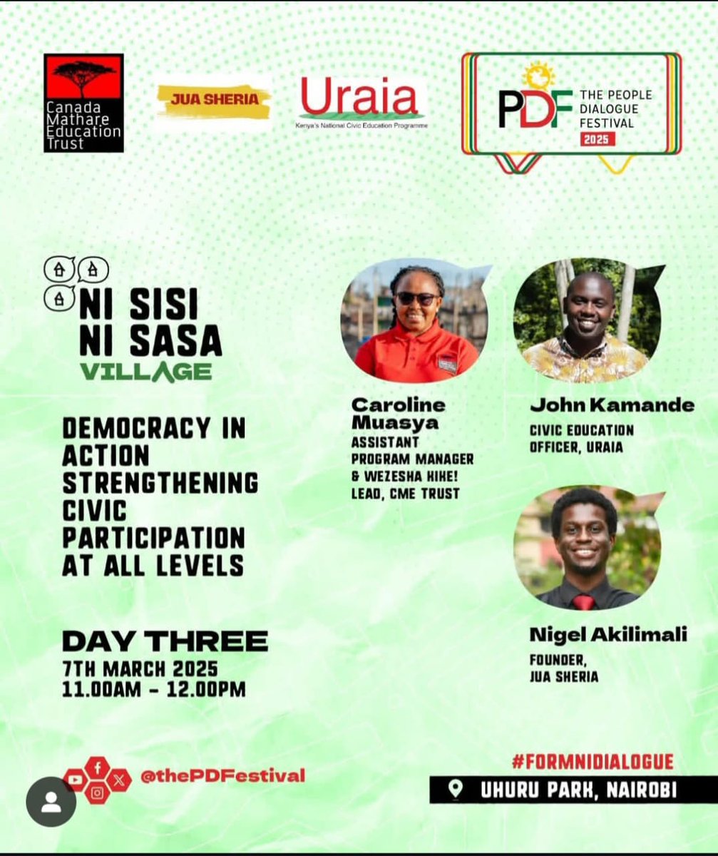 Canada-Mathare Education Trust (@cmetrust) on Twitter photo 📢 <a href="/thePDFestival/">The People Dialogue Festival (PDF)</a> starts tomorrow to Sato 8th!
Join Asst. PM <a href="/MuasyaCaroline_/">Caroline Muasya</a> on Friday, March 7 at #NiSisiNiSasa Village as she co-moderates a discussion on strengthening civic participation. Register 👉🏾 peopledialoguefestival.org to attend #PDF2025
#FormNiDialogue #ComeTubonge 📢 <a href="/thePDFestival/">The People Dialogue Festival (PDF)</a> starts tomorrow to Sato 8th!
Join Asst. PM <a href="/MuasyaCaroline_/">Caroline Muasya</a> on Friday, March 7 at #NiSisiNiSasa Village as she co-moderates a discussion on strengthening civic participation. Register 👉🏾 peopledialoguefestival.org to attend #PDF2025
#FormNiDialogue #ComeTubonge