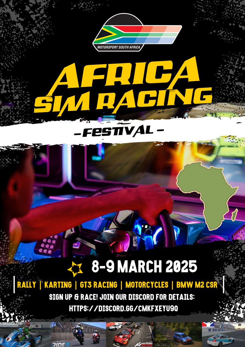 CALLING ALL AFRICAN RACERS! 🚗🏁🏍

Think you have what it takes to be the fastest in Africa? 

The Africa Sim Racing Festival is back for its second year, bringing even more competition across Rally, Karting, GT3 racing, Motorcycles, and BMW M2 CSR! 🇿🇦🏆

🔥 What to expect:

🏎