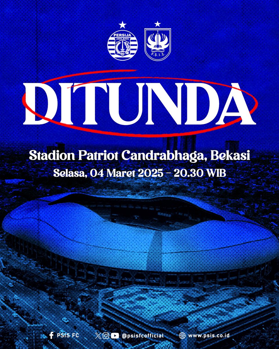 Pertandingan Persija Jakarta vs PSIS Semarang yang sedianya dilangsungkan hari ini ditunda karena banjir yang melanda Kota Bekasi dan berdampak pada kondisi Stadion Patriot. 

Terkait lokasi dan jadwal baru pertandingan Persija Jakarta vs PSIS Semarang akan menunggu keputusan