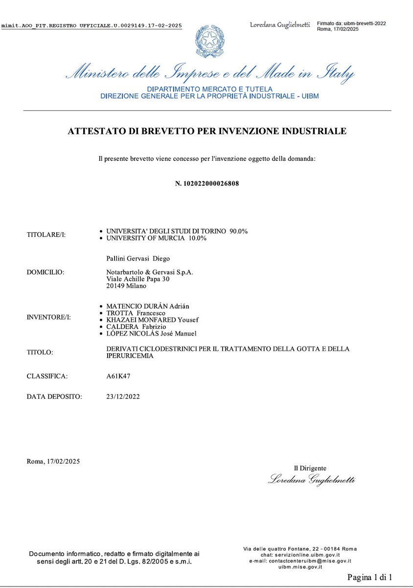Ya se puede contar.  Concedida patente para el tratamiento de la gota y la hiperuricemia. Trabajo conjunto de la Universidad de Turín y la Universidad de Murcia (<a href="/UMU/">Universidad Murcia</a> ). El principal artífice ha sido <a href="/AdriMatencio/">Adrián Matencio</a> y en <a href="/laverdad_es/">laverdad_es</a>  os lo cuenta muy bien. laverdad.es/ababol/ciencia…