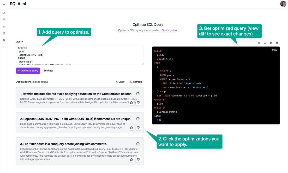 sqlai_ai's tweet image. Optimize SQL query in 3 quick steps with full control (TRY IT FOR FREE)👇 

✅  FULL CONTROL: only apply desired optimizations
✅  SEE EXACT CHANGES: view diff to see side-by-side comparison
✅  MEASURE: run optimized query with each step to see improvements