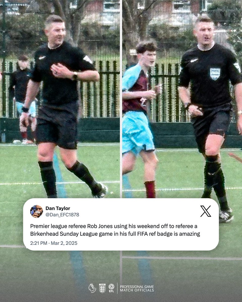 Saturday: 4th Official in the #EmiratesFACup
Sunday: Officiating in the Birkenhead Sunday League

Referee Rob Jones using his day off to give back to grassroots football 👏