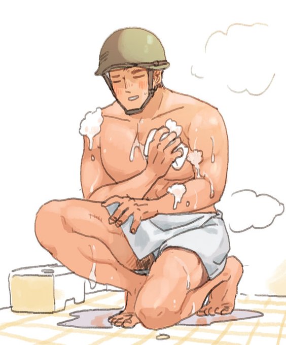 銭湯アーミーガチャやりました 性質上ヘルメットしかアーミー要素が残せないためほぼ全裸にヘルメットだけはしっかり被ってる不可抗力特殊性癖ガチャですごいです