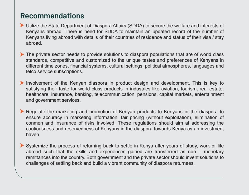 There is much to be done by the government and private sector in order to harness the full potential of a growing diaspora population. Here are our recommendations. Find the full Kenyan Diaspora Outlook Report 2024 by iGrand BP here: bit.ly/3Dk4s9r #IdeasThatProfit