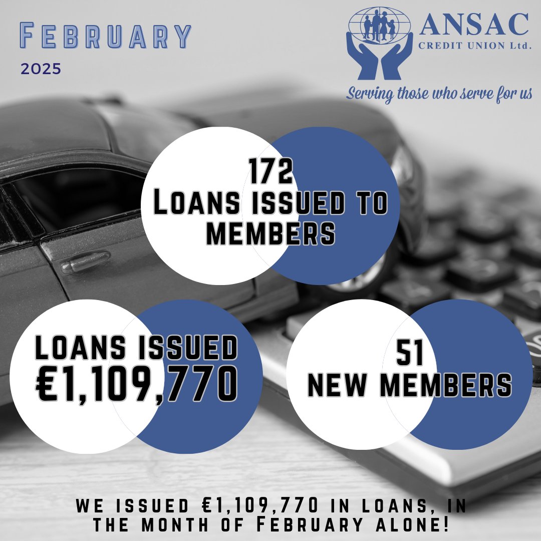 In February alone, we proudly issued €1,109,770 in loans, helping our members achieve their goals and dreams.

Serving Those Who Serve For Us.