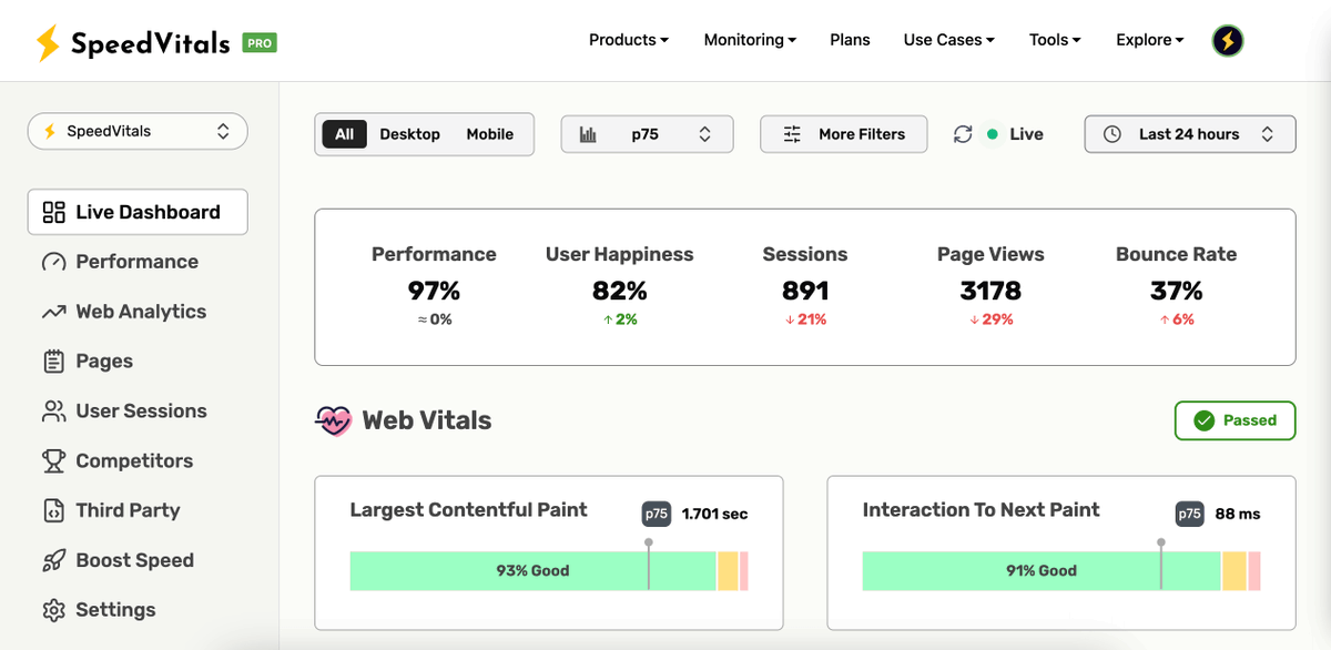 We are very excited to announce the launch of alpha version of SpeedVitals Real-User Monitoring (RUM)! 🎉

It is a powerful tool blended with Web Analytics to help you understand how your users experience your website.

Learn more: speedvitals.com/blog/rum-alpha/
