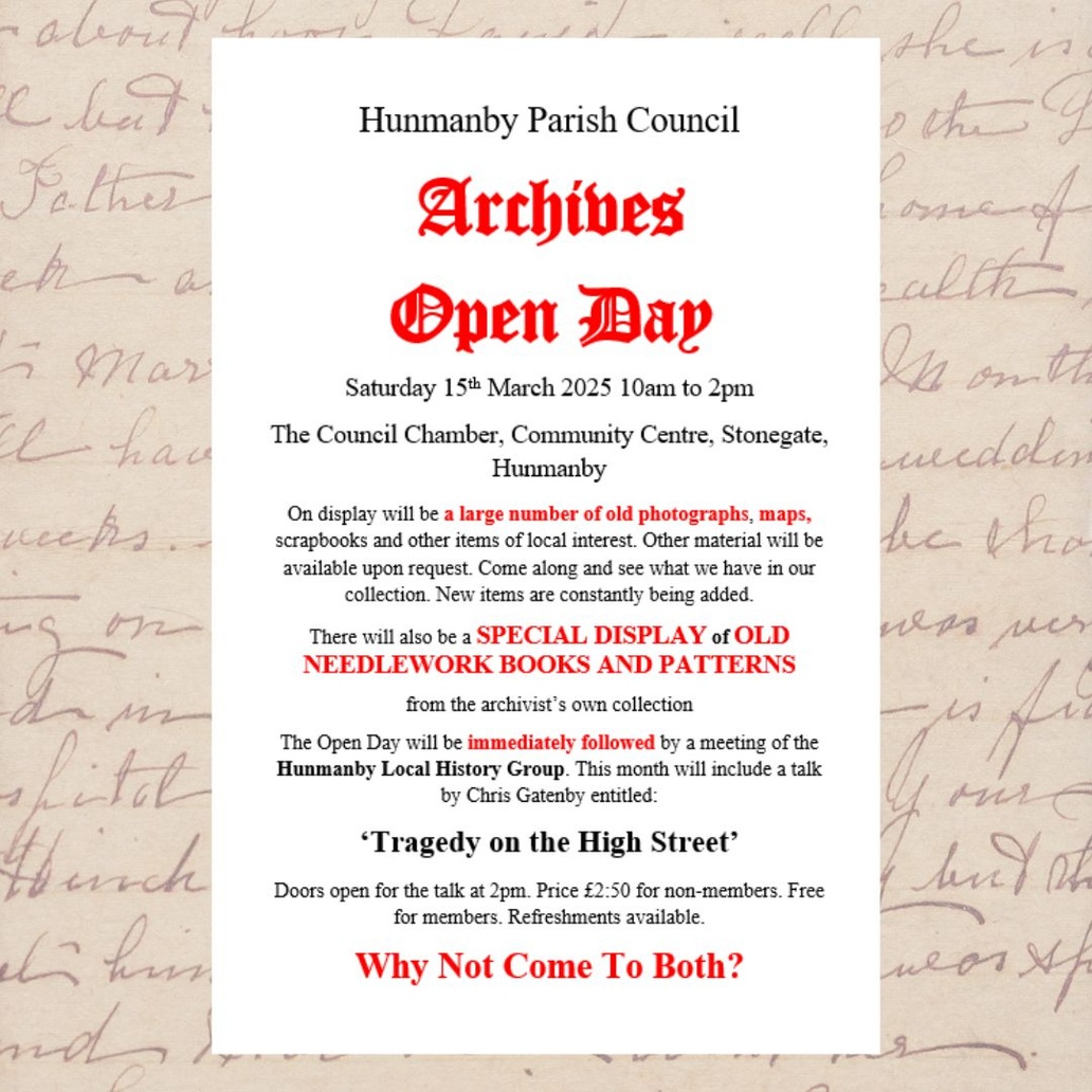 This looks to be a fascinating open day and talk at Hunmanby! 

📍 The Council Chamber, Community Centre, Stonegate, Hunmanby
🗓️ Saturday 15 March 2025
⏰ 10am-2pm