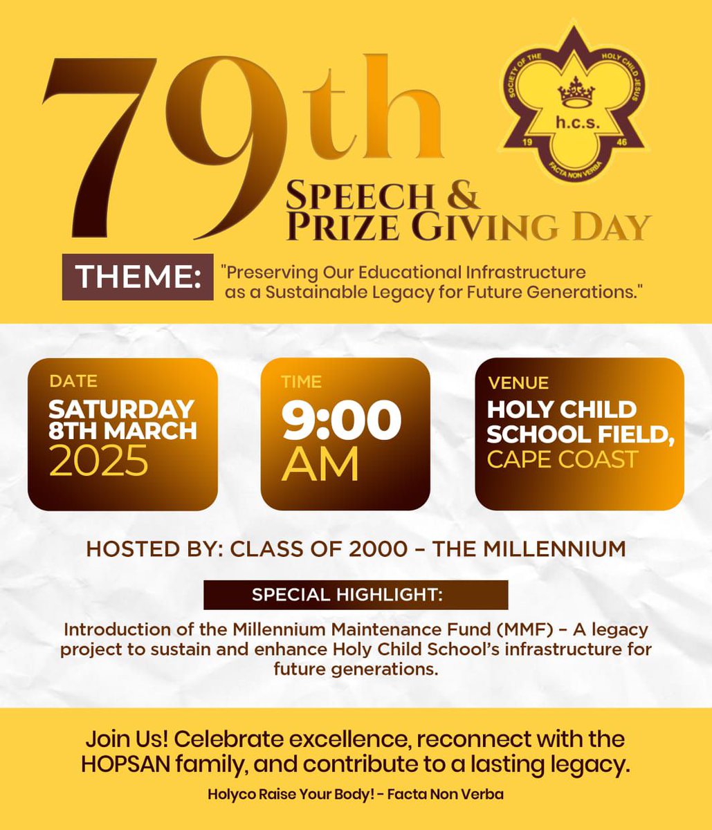 ghonetv's tweet photo. The 79th Speech & Prize Giving Day of Holy Child School is here!
Come celebrate accomplishments, reconnect with the HOPSAN family, and help build a lasting legacy.
#HolyChildSchool #HOPSAN https://t.co/IQ39mUiRg3