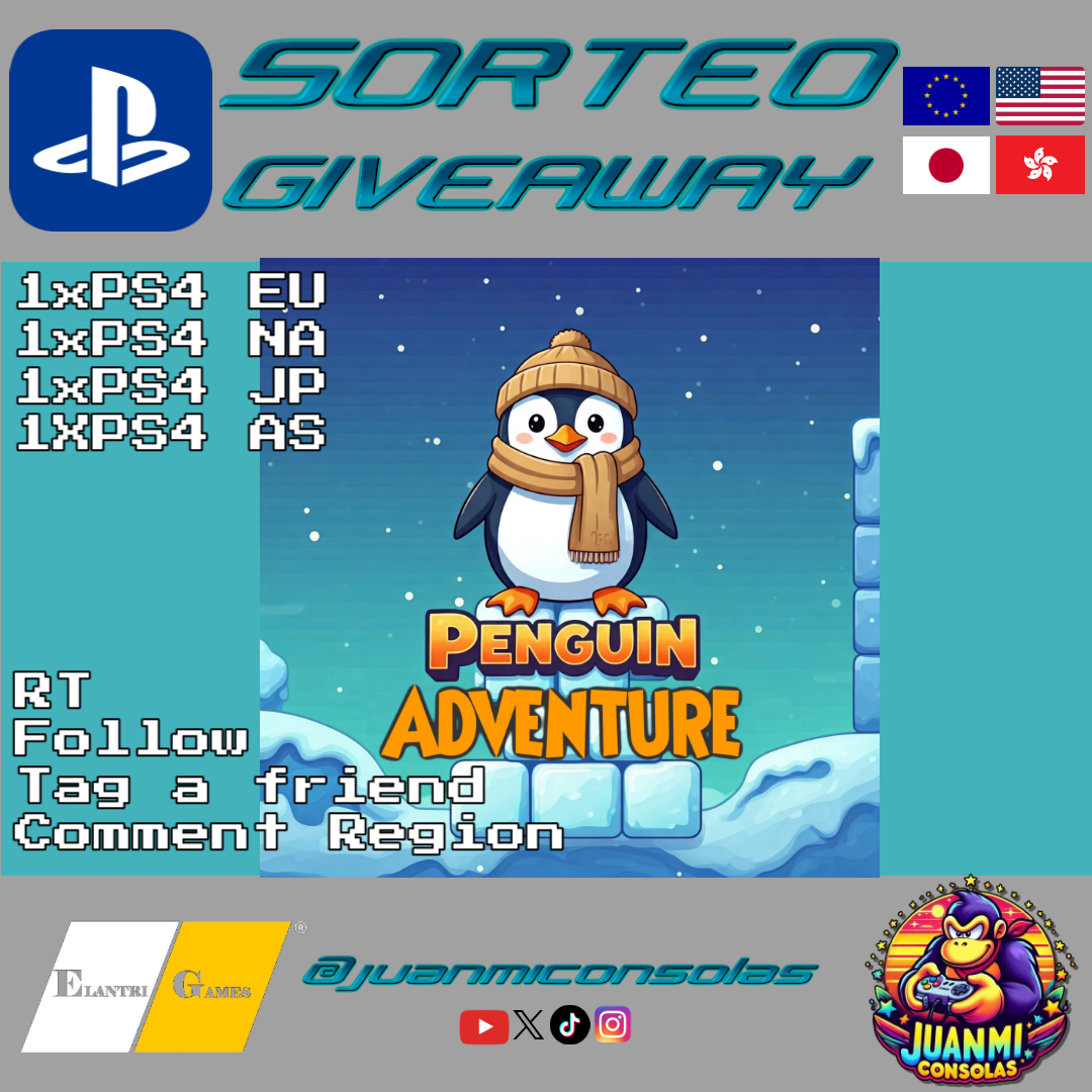 Juanmi Consolas (@juanmiconsolas) on Twitter photo #Sorteo Penguin Adventure
1 x #PS4 🇪🇺
1 x #PS4 🇺🇸
1 x #PS4 🇯🇵
1 x #PS4 🇭🇰
🔁RT
👥Síguenos a <a href="/ELANTRIgames/">ELANTRI games</a> y a mi
💬Menciona un amigo y elige región (si quieres especifica)
📺Aquí puedes verlo: youtu.be/xXbMRp3QpXc
Suerte🤞
#Giveaway #GiveawayAlerts #PS5Share #PlayStation #Sorteo Penguin Adventure
1 x #PS4 🇪🇺
1 x #PS4 🇺🇸
1 x #PS4 🇯🇵
1 x #PS4 🇭🇰
🔁RT
👥Síguenos a <a href="/ELANTRIgames/">ELANTRI games</a> y a mi
💬Menciona un amigo y elige región (si quieres especifica)
📺Aquí puedes verlo: youtu.be/xXbMRp3QpXc
Suerte🤞
#Giveaway #GiveawayAlerts #PS5Share #PlayStation