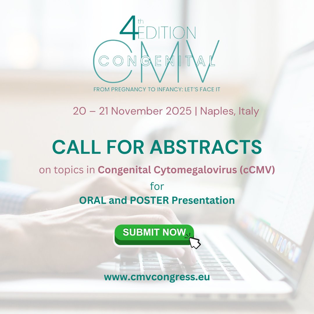 CMV_Congress's tweet image. Submit your Abstract on #cCMV topics and discuss your findings with a multidisciplinary audience of experts!
Submission portal✅: bit.ly/CMV-ABSTRACT
Register here👉: bit.ly/CMV-REGISTER
#CongenitalCytomegalovirus #PediatricCare #infectiousdisease #CongenitalDisease