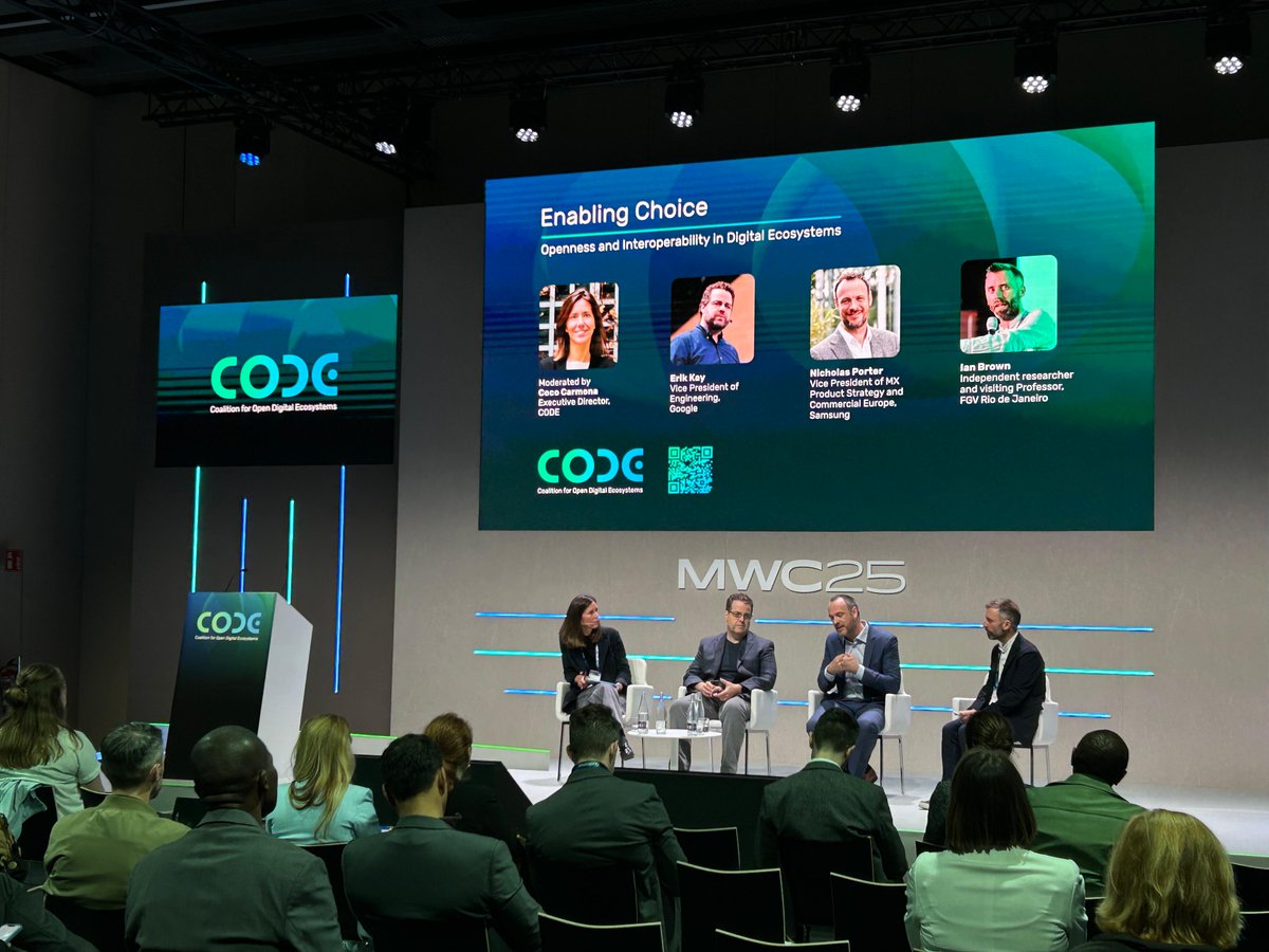CODE (@code_org_) on Twitter photo 📢 CODE is live at MWC!
Let's enable choice by embracing openness and interoperability.
Joined by <a href="/Google/">Google</a>'s Erik Kay, <a href="/Samsung/">Samsung Electronics</a>'s Nick Porter, academic Ian Brown <a href="/1Br0wn/">Ian Brown @1br0wn@eupolicy.social 🇮🇨 🦣 🦋</a> and our very own Coco <a href="/CocoCarmona1/">Coco Carmona</a>
<a href="/MWCHub/">MWC</a> #MWC2025 #OpenDigitalEcosystems 📢 CODE is live at MWC!
Let's enable choice by embracing openness and interoperability.
Joined by <a href="/Google/">Google</a>'s Erik Kay, <a href="/Samsung/">Samsung Electronics</a>'s Nick Porter, academic Ian Brown <a href="/1Br0wn/">Ian Brown @1br0wn@eupolicy.social 🇮🇨 🦣 🦋</a> and our very own Coco <a href="/CocoCarmona1/">Coco Carmona</a>
<a href="/MWCHub/">MWC</a> #MWC2025 #OpenDigitalEcosystems