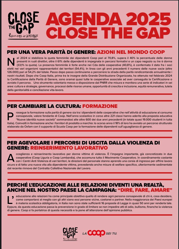 5 anni di #ClosetheGap la campagna Coop per l’inclusione e la parità di genere.
Al via DIRE FARE AMARE operazione di diffusa sensibilizzazione sulla necessità che l’educazione alle relazioni diventi una materia scolastica obbligatoria nel nostro Paese.
closethegapcoop.it