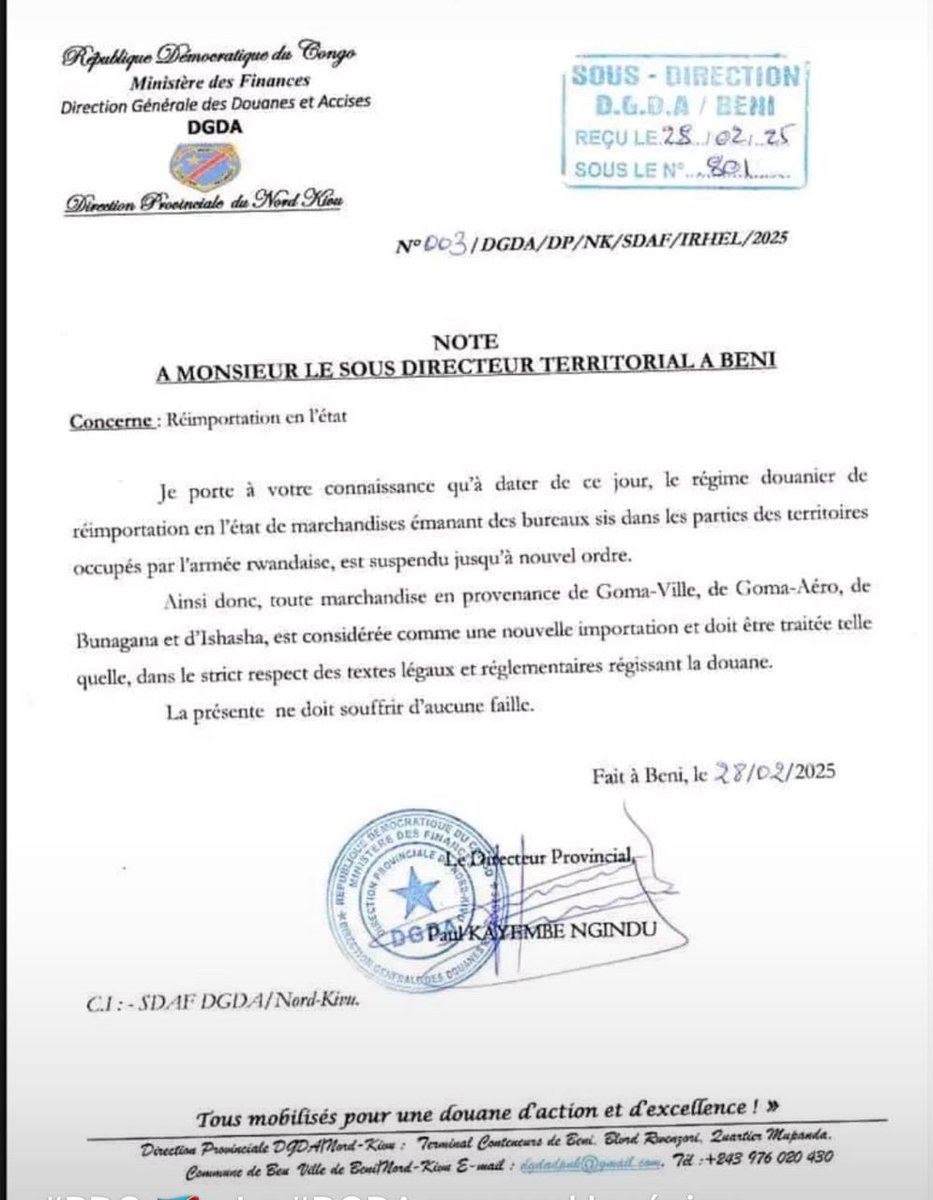 wembi_steve's tweet image. #RDC-#AFC/M23 |🛑‼️🚨 “toute marchandise en provenance de Goma-Ville, de Goma-Aéro, de Bunagana et d'Ishasha, est considérée comme une nouvelle importation et doit être traitée telle quelle, dans le strict respect des textes légaux et réglementaires régissant la douane” 👇👇👇👇