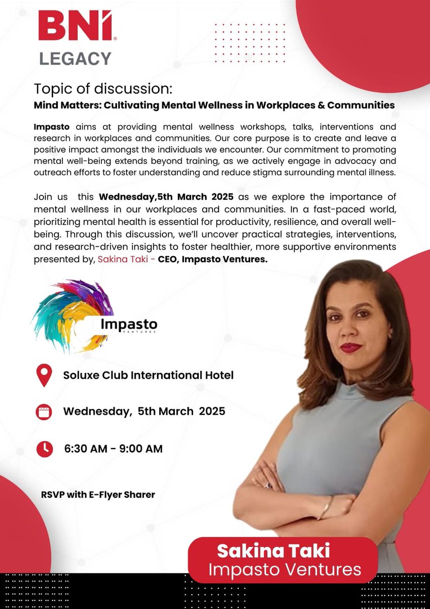KUcoolkid's tweet photo. Mental wellness impacts workplace productivity. "Mind Matters" will explore strategies to create healthier work environments. Join the discussion on 5th March 2025 at Soluxe Club International Hotel.
Register for BNI VisitorsDay
#BNILegacyChapter  
Robisearch Limited Africa https://t.co/q6FVGC5PgY