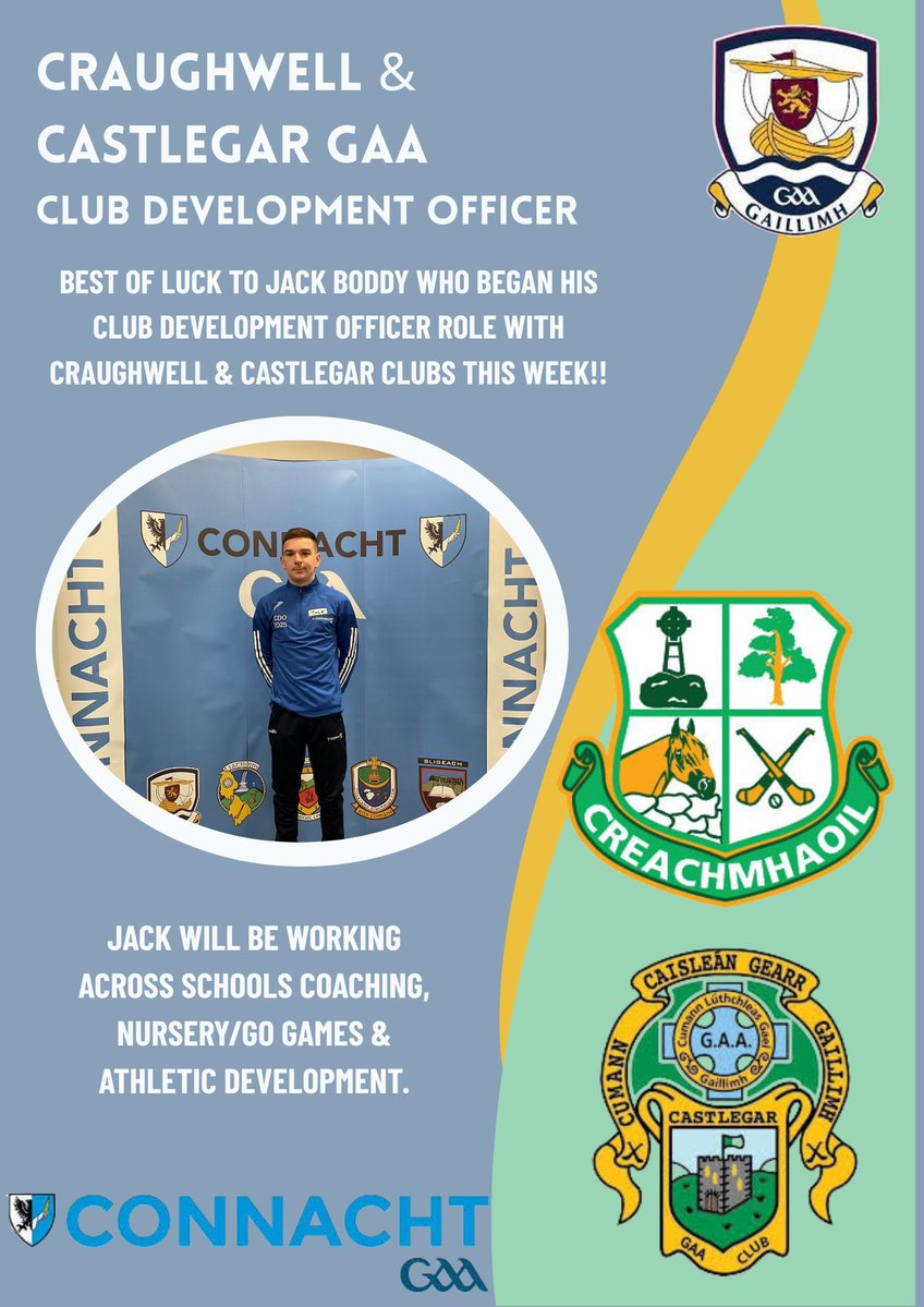 Galway GAA Coaching & Games (@coachinggalway) on Twitter photo All the best to Jack Boddy as he gets his 2nd week as Club Development Officer with <a href="/CraughwellGAA/">Craughwell GAA Club</a> & <a href="/CastlegarGAA/">Castlegar GAA Club</a> well underway
Thank you to <a href="/ConnachtGAA/">Connacht GAA</a> & <a href="/Galway_GAA/">Galway GAA Official</a> for their support in developing this role! All the best to Jack Boddy as he gets his 2nd week as Club Development Officer with <a href="/CraughwellGAA/">Craughwell GAA Club</a> & <a href="/CastlegarGAA/">Castlegar GAA Club</a> well underway
Thank you to <a href="/ConnachtGAA/">Connacht GAA</a> & <a href="/Galway_GAA/">Galway GAA Official</a> for their support in developing this role!