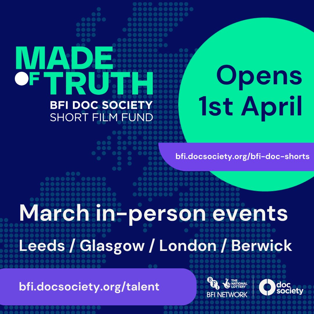 Attention all UK filmmakers with a bold, cinematic idea for a non-fiction short film: 

The BFI Doc Society Made of Truth Fund opens again on 1st April for one month! 

Find us various events in March where you can find out more &amp; connect with our team: bfi.docsociety.org/talent/#events