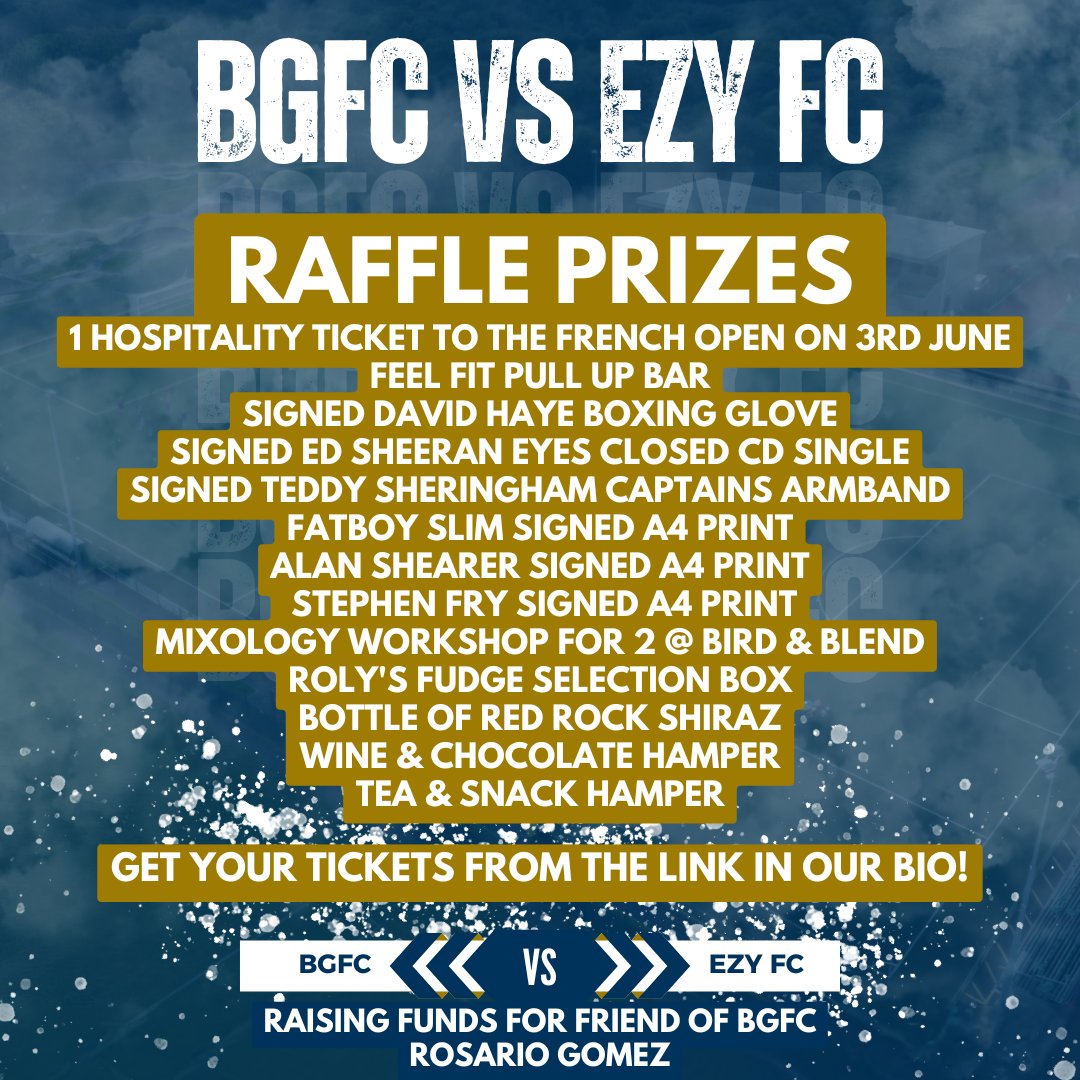 BGFCCharity's tweet photo. 🚨🚨 RAFFLE PRIZE ALERT 🚨🚨

BGFC are back with another packed charity raffle.

Get your tickets from the link in our bio priced at just £1 each!

Remember the answer to the entry question is "3"

Good luck! https://t.co/F4lLQiA35R