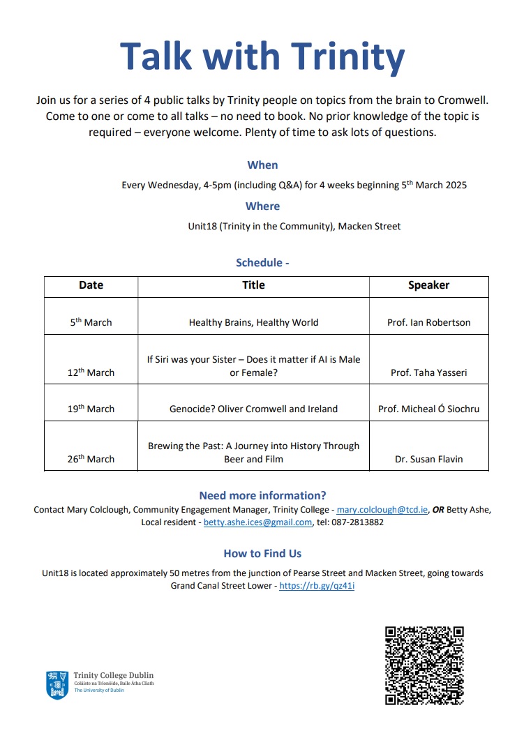 tcdUnit18 (@tcdunit18) on Twitter photo Looking forward to kicking off our next public talk series #TalkWithTrinity tomorrow with Prof Ian Robertson, Healthy Brains, Healthy World. Old friends and new welcome - we start promptly at 4pm <a href="/tcdglobal/">Trinity College Dublin Global</a> <a href="/GBHI_Fellows/">Global Brain Health Institute</a> <a href="/tcdlibrary/">The Library of Trinity College Dublin</a> <a href="/RingsendSociety/">Ringsend & Districts Historical Society</a> <a href="/RICCDub4/">RICC</a> <a href="/SARCD2/">St Andrews</a> Looking forward to kicking off our next public talk series #TalkWithTrinity tomorrow with Prof Ian Robertson, Healthy Brains, Healthy World. Old friends and new welcome - we start promptly at 4pm <a href="/tcdglobal/">Trinity College Dublin Global</a> <a href="/GBHI_Fellows/">Global Brain Health Institute</a> <a href="/tcdlibrary/">The Library of Trinity College Dublin</a> <a href="/RingsendSociety/">Ringsend & Districts Historical Society</a> <a href="/RICCDub4/">RICC</a> <a href="/SARCD2/">St Andrews</a>