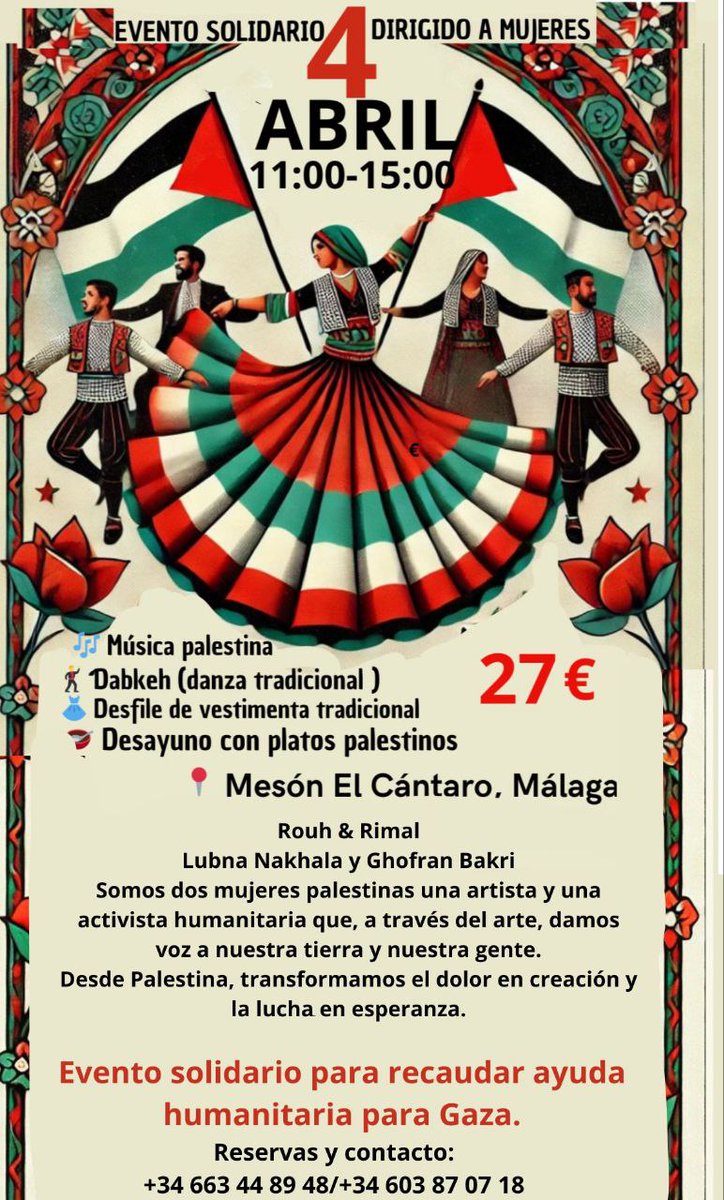 Asociación Al-Quds (@alqudsandalucia) on Twitter photo 4/4/25 música #Palestina en el #MesónElCántaro de #Málaga, danza tradicional, desfile vestimenta tradicional y desayuno con platos palestinos. Evento solidario para ayudar a #Gaza 27€
<a href="/MesonElCantaro/">Mesón El Cántaro</a>
<a href="/malaga/">Ciudad de Málaga</a>
<a href="/MalagaAcoge/">Malaga Acoge</a>
<a href="/malagahoy_es/">Málaga Hoy</a>
<a href="/MalagaSolidaria/">Málaga Solidaria</a>
<a href="/CoordinadoraAcP/">Andalucía con Palestina</a> 4/4/25 música #Palestina en el #MesónElCántaro de #Málaga, danza tradicional, desfile vestimenta tradicional y desayuno con platos palestinos. Evento solidario para ayudar a #Gaza 27€
<a href="/MesonElCantaro/">Mesón El Cántaro</a>
<a href="/malaga/">Ciudad de Málaga</a>
<a href="/MalagaAcoge/">Malaga Acoge</a>
<a href="/malagahoy_es/">Málaga Hoy</a>
<a href="/MalagaSolidaria/">Málaga Solidaria</a>
<a href="/CoordinadoraAcP/">Andalucía con Palestina</a>