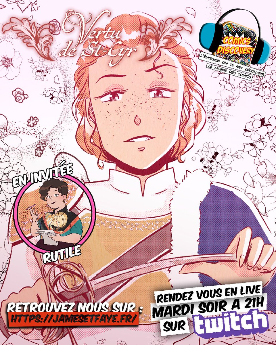 🔥 Cette semaine dans ComicsDiscovery, on a la chance de recevoir @sparklerutile
! 🔥 On parlera de son Webtoon Vertu de St Cyr, dispo sur <a href="/Onoofficiel/">ONO</a>  , mais aussi de plein d’autres sujets, car elle est passionnante ! 🤩 📅 Rdv à 21h sur Twitch ! 🎙️ 🔗 twitch.tv/jamesetfaye