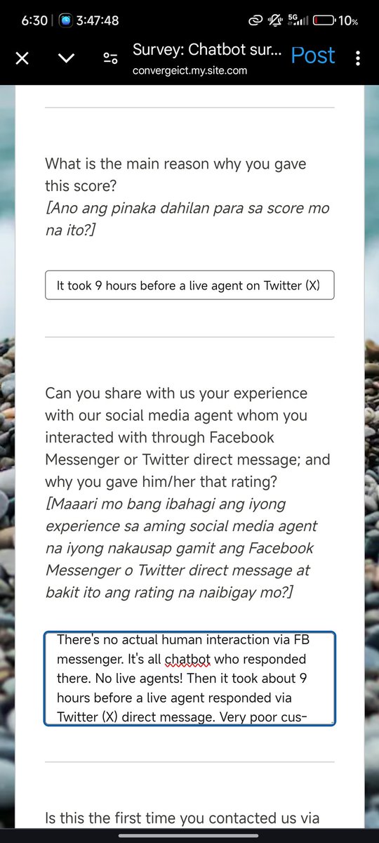 Very poor customer service <a href="/ConvergeSupport/">Converge Support</a>! Still no live agent responding via FB messenger (all chatbot). Then it took 9 hours before a live agent responded via Twitter (X) direct message. Internet connection was already fixed before your agent even responded. 😡😡😡