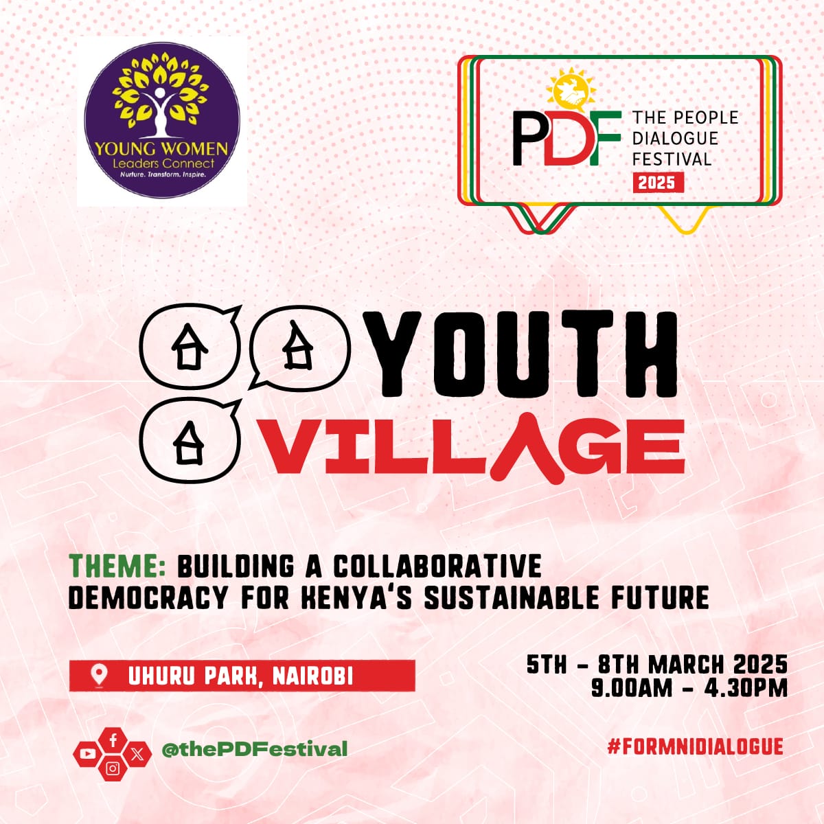 You are all invited to our <a href="/thePDFestival/">The People Dialogue Festival (PDF)</a> Session at the Youth Village , where we'll be discussing the status of young women's inclusion and participation in leadership and governance in Kenya.

To attend, you only need to register here👇
forms.gle/CXFmjdoQXksDaZ…

#FormNiDialogue