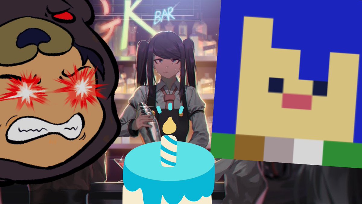 Kidnapping <a href="/blueskyrobyn/">blueskyrobyn</a> for some Cyberpunk Bartending Action tonight. Also he's getting old, so we're having pixel drinks for another year.

Send him some greetings when we go live later tonight! #VA11HallA