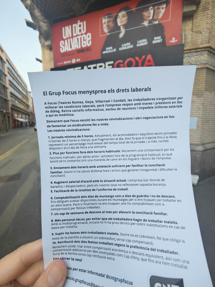 CNT_Barcelona's tweet photo. Continuaremos insistiendo en la vía del diálogo con #GrupFocus, si mantiene su actitud nos veremos obligados a realizar acción sindical. Esperamos que rectifique, y podamos evitar así que las acciones continúen, generando situaciones no deseadas en el ámbito de la cultura de #BCN https://t.co/IOVkgNdFCz