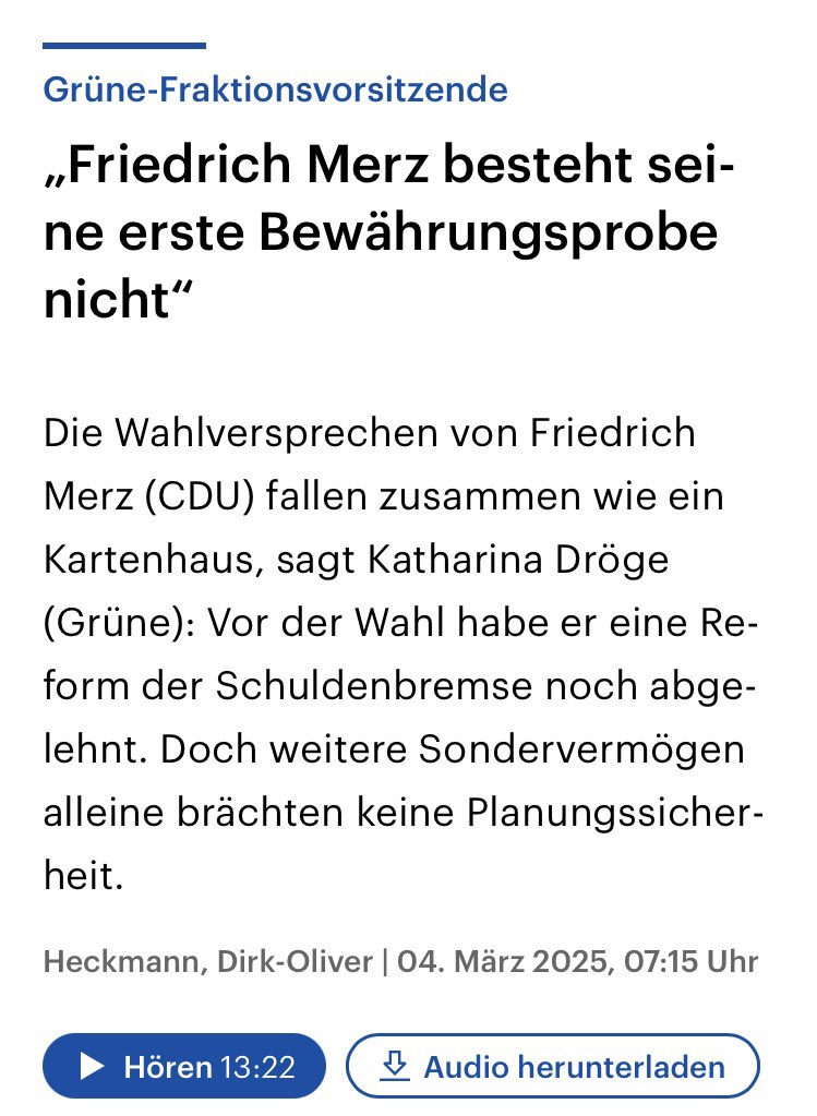Die Schuldenbremse funktioniert in ihrer aktuellen Form nicht.

Sondervermögen wären der erneute halbherzige Versuch, die Schuldenbremse zu umgehen, statt sie besser zu machen.

Das ist kurzfristig und wird für die Zukunft massive Folgeprobleme erzeugen.

deutschlandfunk.de/zu-koalitionsv…