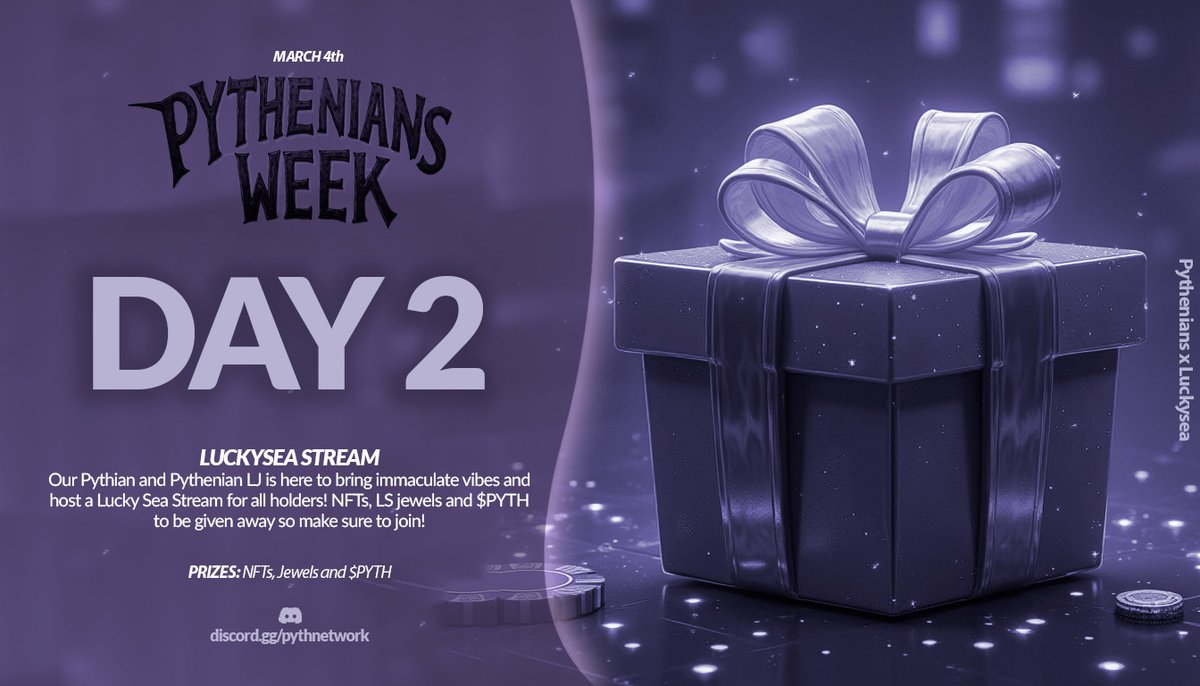 Day 2 of Pythenians Week.

Today, our frens from <a href="/LuckySeaGG/">LuckySea</a>  are joining us for a fun stream with immaculate vibes, good chat and a solid lineup of prizes to be won!
 
Join PYTH server for more details.