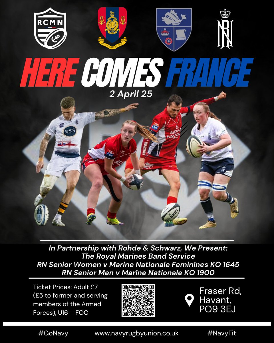 Royal Navy Rugby (@rnrugby) on Twitter photo Less than a month to go before <a href="/MarineNationale/">Marine nationale</a> visits for their biennial UK rugby pilgrimage.
<a href="/havantrfc/">Havant Rugby Football Club</a> is providing the facilities, <a href="/RMBandService/">The Bands of HM Royal Marines</a> is providing the atmosphere and the Snr Men and Women are providing the champagne rugby.
#GoNavy #NavyRugby #NavyFit #Havant Less than a month to go before <a href="/MarineNationale/">Marine nationale</a> visits for their biennial UK rugby pilgrimage.
<a href="/havantrfc/">Havant Rugby Football Club</a> is providing the facilities, <a href="/RMBandService/">The Bands of HM Royal Marines</a> is providing the atmosphere and the Snr Men and Women are providing the champagne rugby.
#GoNavy #NavyRugby #NavyFit #Havant
