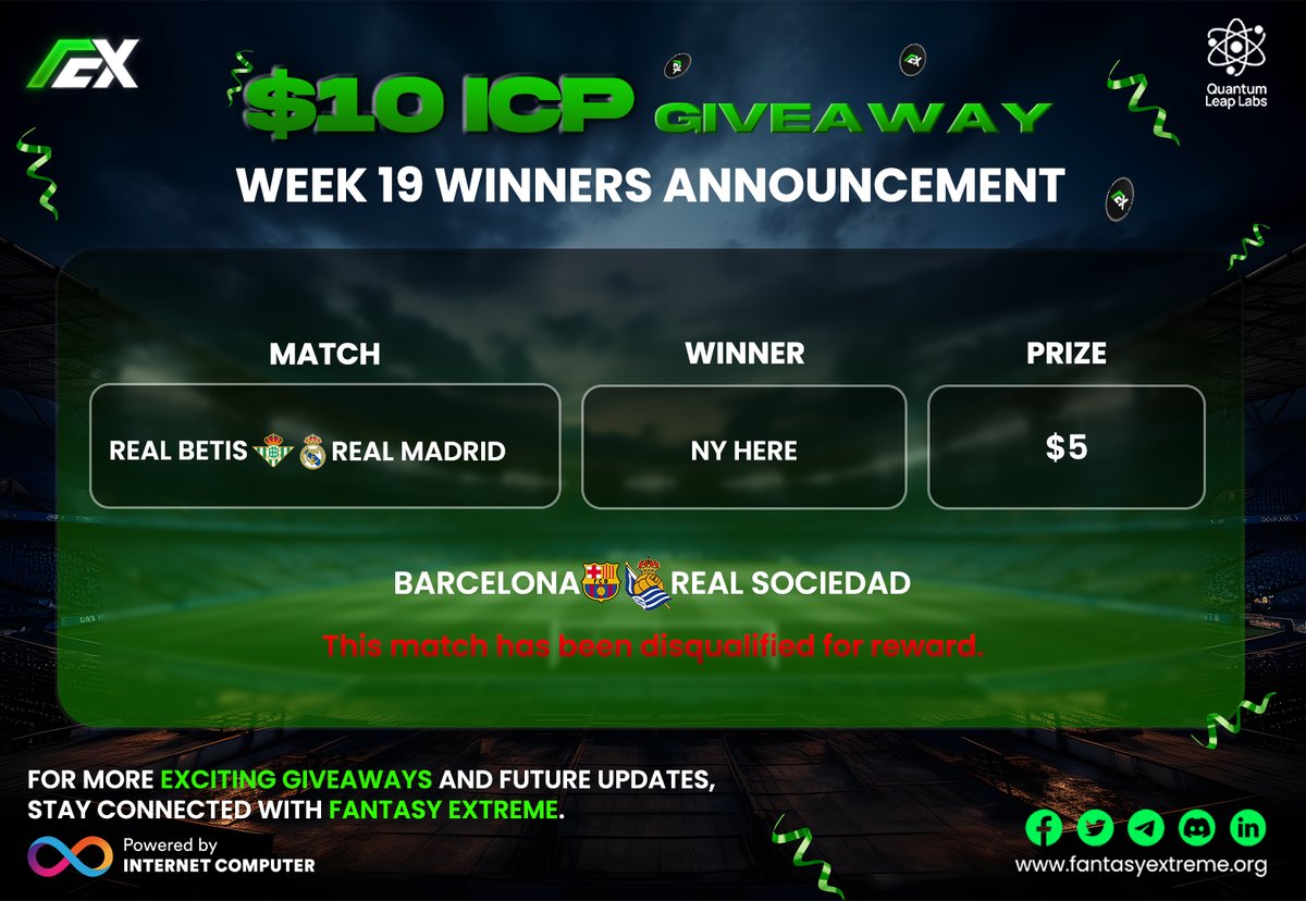 🎉 $10 #ICP Week 19 Winners! 🎉

Fantasy Extreme congratulates <a href="/ElenaZoe1245/">Elena Zoe</a> on winning $5 ICP and showcasing top-tier fantasy sports skills! 🏆

📢 One contest has been disqualified due to no participation.

Keep playing, own your game, and keep winning ICP! 🚀🏆

#FantasySports