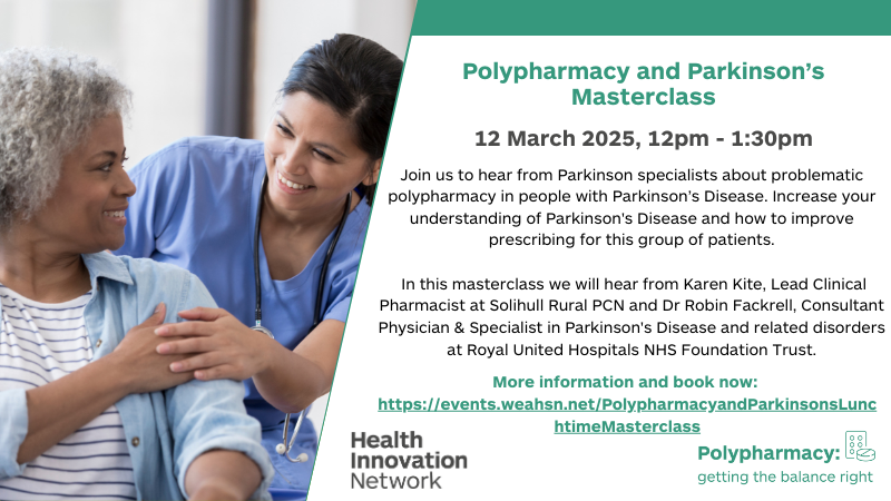 Interested in how to manage polypharmacy in patients with Parkinson's?  Join our masterclass next Wednesday to find out how register events.weahsn.net/Polypharmacyan…