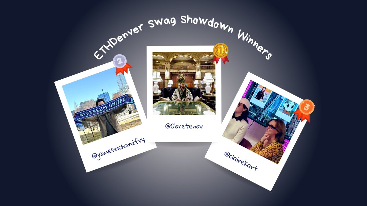 Blocksense Network 🏴☠️ (@blocksense_) on Twitter photo The <a href="/EthereumDenver/">ETHDenver 🏔🦬🦄</a> Swag Showdown has concluded!
Congratulations to @0bretenov for taking 1st place, <a href="/jamesrichardfry/">James Richard Fry (⛺️,🔮)</a> for 2nd, and <a href="/clairekart/">Claire Kart</a> for 3rd 🎉
Thanks to everyone who participated and voted. The <a href="/EthereumDenver/">ETHDenver 🏔🦬🦄</a> Swag Showdown has concluded!
Congratulations to @0bretenov for taking 1st place, <a href="/jamesrichardfry/">James Richard Fry (⛺️,🔮)</a> for 2nd, and <a href="/clairekart/">Claire Kart</a> for 3rd 🎉
Thanks to everyone who participated and voted.