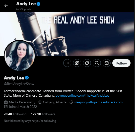 izzynormal's tweet image. .@RealAndyLeeShow is one of the good guys worth following.

What Grok says and I agree:

@RealAndyLeeShow is the X handle associated with Andy Lee, a Canadian figure known for her work as an independent journalist, commentator, and former federal political candidate. She has…