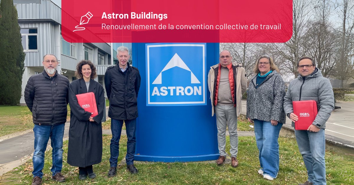 L’OGBL a signé avec la direction d’Astron Buildings le renouvellement de la CCT qui couvre les 50 salariés de l’entreprise, apportant e.a. un jour de congé supplémentaire ainsi qu’un 13e mois pour les salariés. 👏

▶️ Découvrez les améliorations négociées: tinyurl.com/ktd84jkw