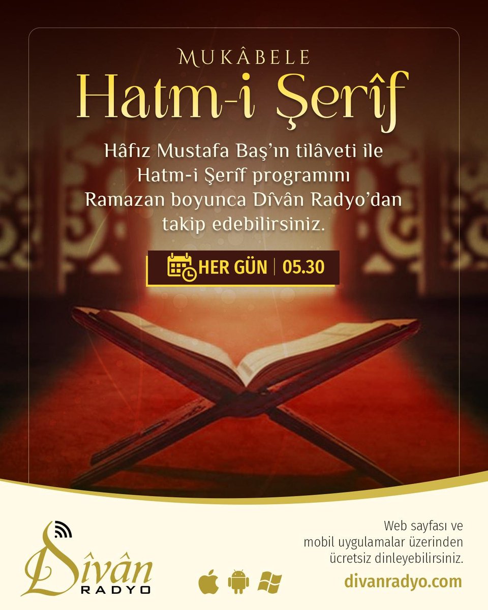 ❝Mukâbele Hatm-i Şerif❞
Her Gün 0️⃣5️⃣:3️⃣0️⃣

İnternet web sitesi veya mobil uygulamadan dinleyebilirsiniz:

📌Web ➡ divanradyo.com
📌Mobil Uygulama ➡ divanradyo.com/mobile.php

#DivanRadyo #radyo #divanıhulusi #hulusiefendi #darende #malatya #tasavvuf #kuranıkerim