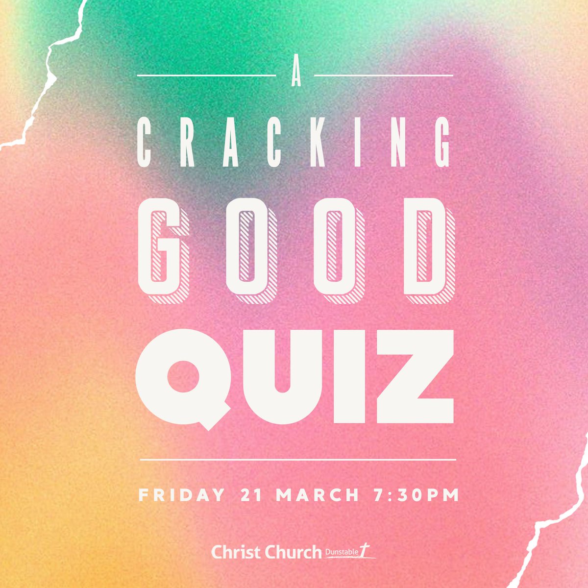 Join us for A Cracking Good Quiz!

Free quiz night with an Easter &amp; Spring theme. Sign up as a team or sign up as an individual and we can help you form a dream team. 

7:30pm start - Friday 21st March 
Christ Church Dunstable

Sign up at buff.ly/iGIbsQF
Link in bio