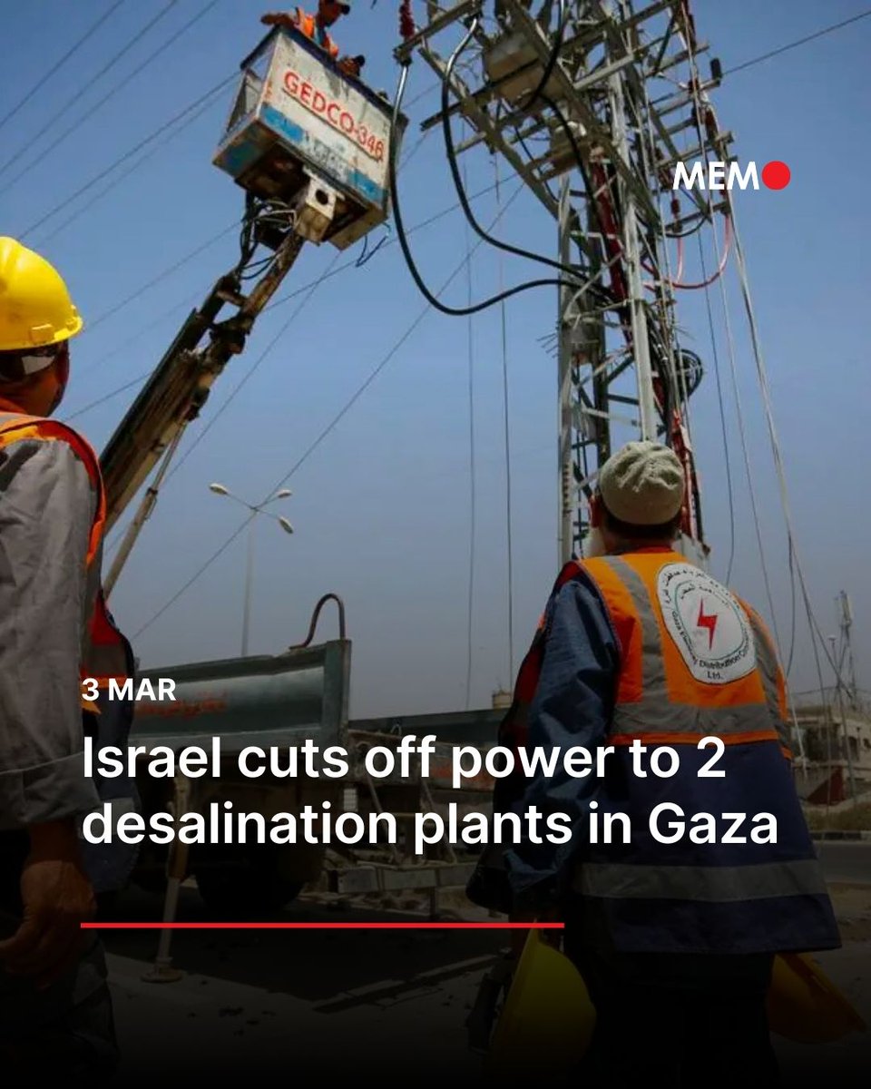 Israel has cut off power to two desalination plants in the Deir Al-Balah area of central Gaza, depriving thousands of Palestinians of water, the local municipality has said.

In a statement, the Deir Al-Balah Municipality announced that the South Sea Desalination Plant and the