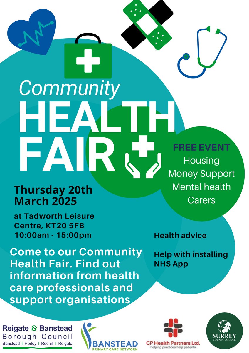 Voluntary Action Reigate & Banstead (@volactionrb) on Twitter photo Tadworth Community Health Fair
📅 Thursday 20th March 2025, 10am - 3pm
📍 Tadworth Leisure Centre, KT20 5FB.
<a href="/reigatebanstead/">Reigate & Banstead Borough Council</a> is holding a #Community Health Fair where people can find information and advice from health care professionals and support organisations. Tadworth Community Health Fair
📅 Thursday 20th March 2025, 10am - 3pm
📍 Tadworth Leisure Centre, KT20 5FB.
<a href="/reigatebanstead/">Reigate & Banstead Borough Council</a> is holding a #Community Health Fair where people can find information and advice from health care professionals and support organisations.