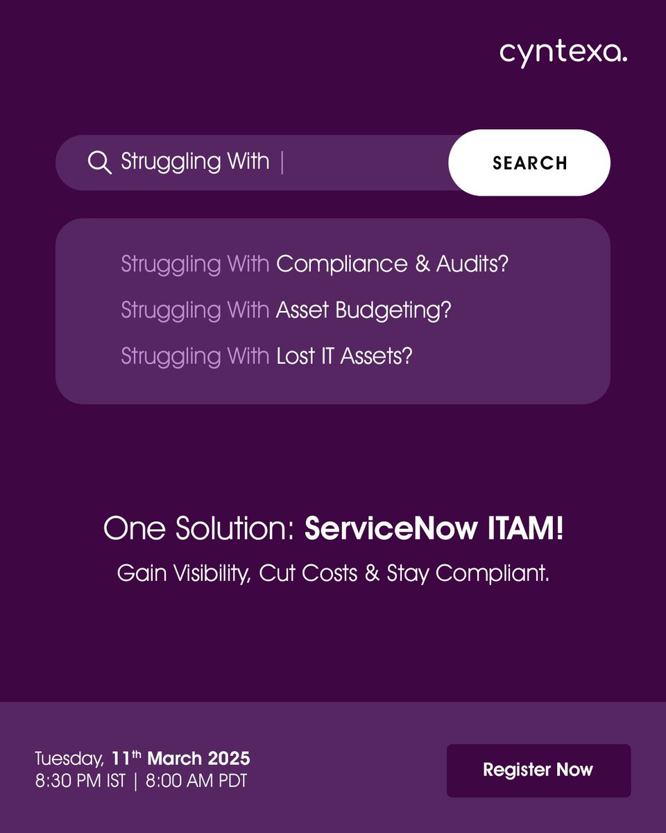 Don't struggle to manage your IT assets. Join our exclusive webinar to discover ServiceNow ITAM, take control of your assets, and stay compliant effortlessly.

📅 Tuesday, 11 March 2025
⏰ 08:30 PM IST | 8:00 AM PDT
🔗 Reserve your spot now: cyntexa.com/webinar/optimi…

#ServiceNow