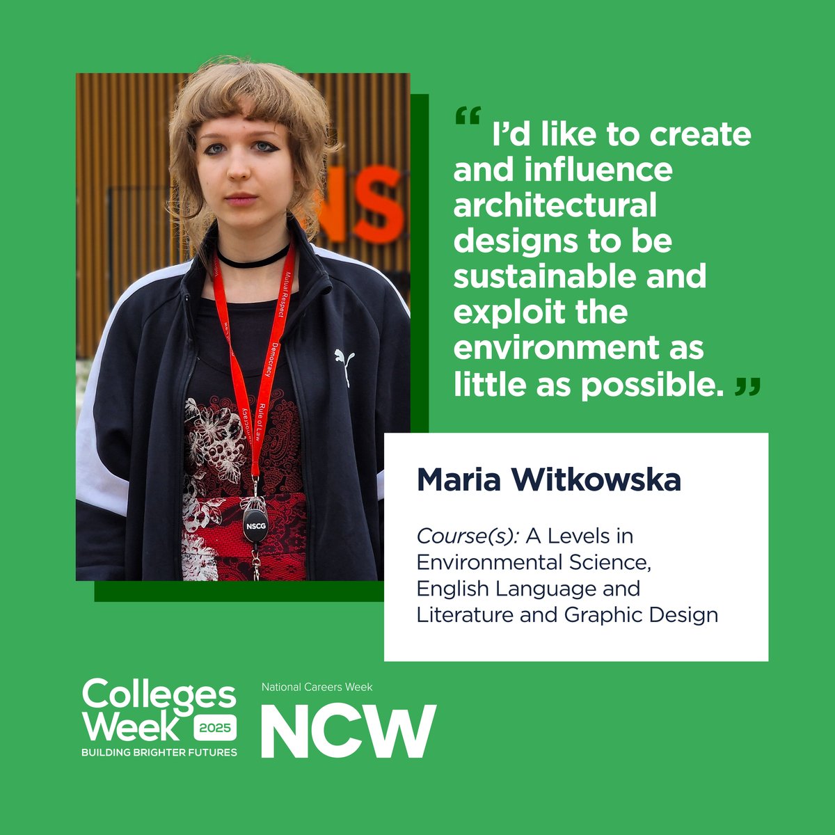 As we move towards a greener future, investing in the next generation is more important than ever. Today’s #CollegesWeek2025 theme is all about those looking to use their skills and knowledge to drive sustainable innovation. 🌍

Say ‘𝒉𝒊’ to Maria, who is currently studying A