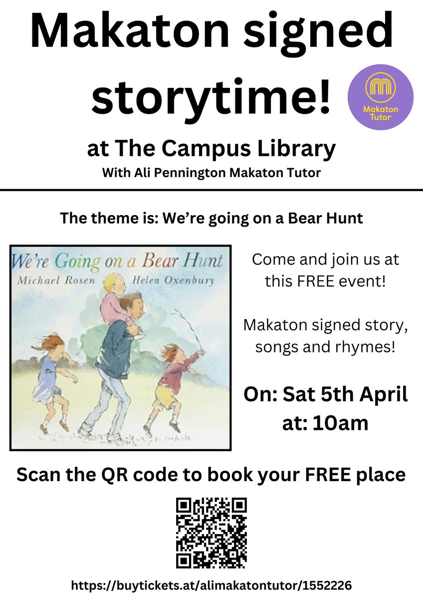 After such a fantastic Makaton-signed story time last month, Ali Pennington will be back at The Campus Library for another story with songs and rhymes on Saturday 5 April at 10am.
Book you free place here: tickettailor.com/events/alimaka…