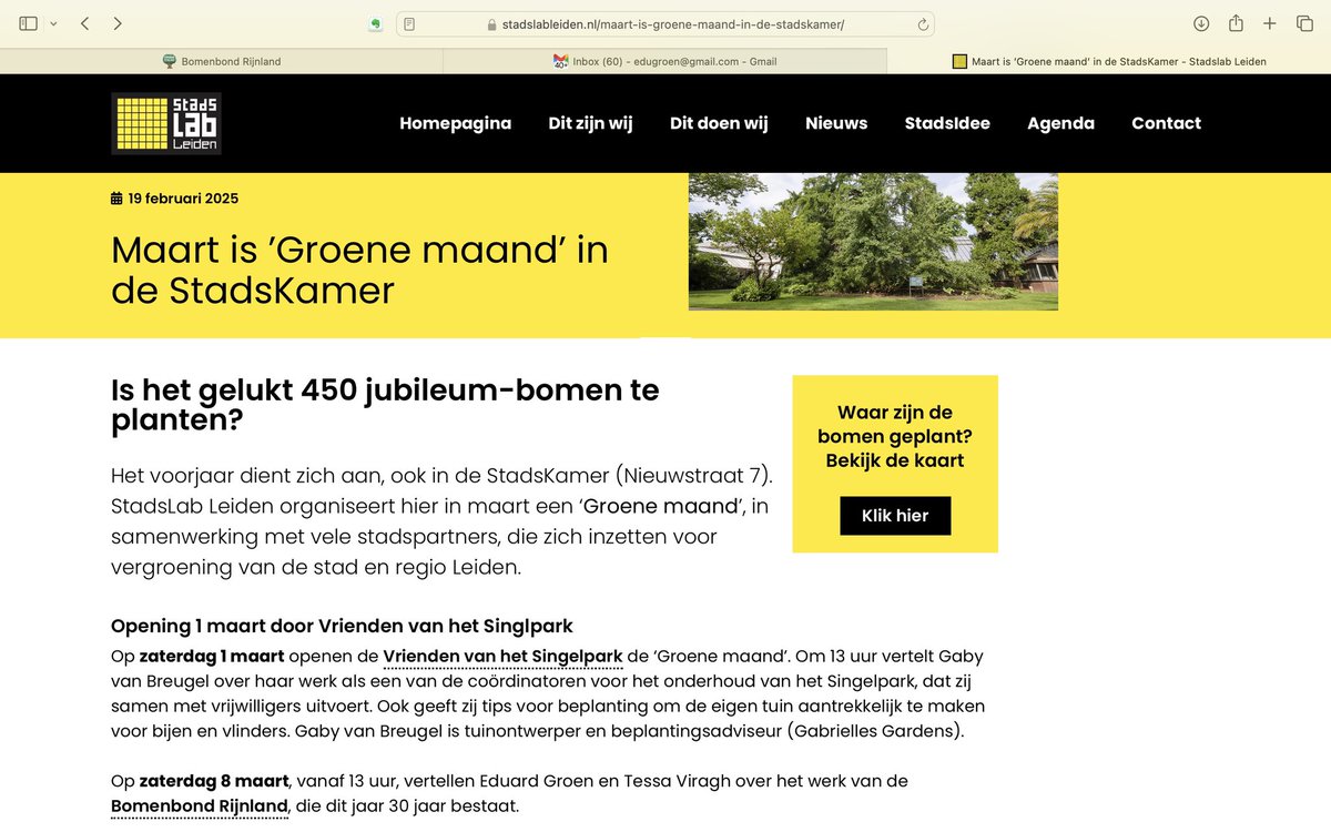 Zaterdag 8 maart van 12 - 13 uur helpen we mee zaailingen van #bomen uit te delen in de ruimte van het Stadslab #Leiden , Nieuwstraat 7, tegenover de bibliotheek.

Om 13 uur geven bestuursleden Tessa Viragh en Eduard Groen een presentatie over het werk van de Bomenbond Rijnland.