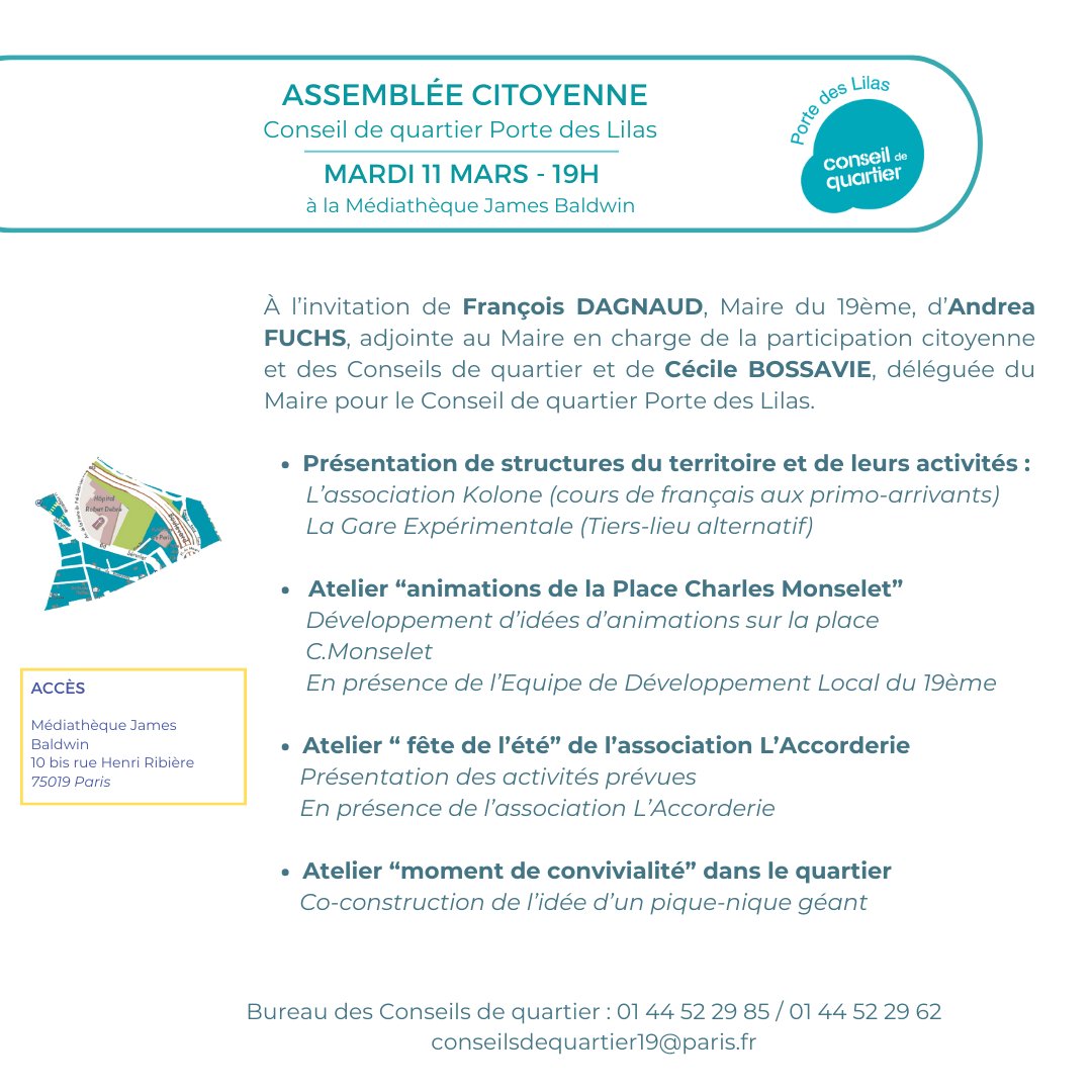 monquartier19's tweet image. SAVE THE DATE 📢
Rendez-vous le mardi 11 mars pour l'assemblée citoyenne du Conseil de quartier de la Porte des Lilas.
🗓 Mardi 11 mars à 19h
📍Médiathèque James Baldwin
Venez découvrir les structures du territoire et construire collectivement les projets du territoire 💬 !