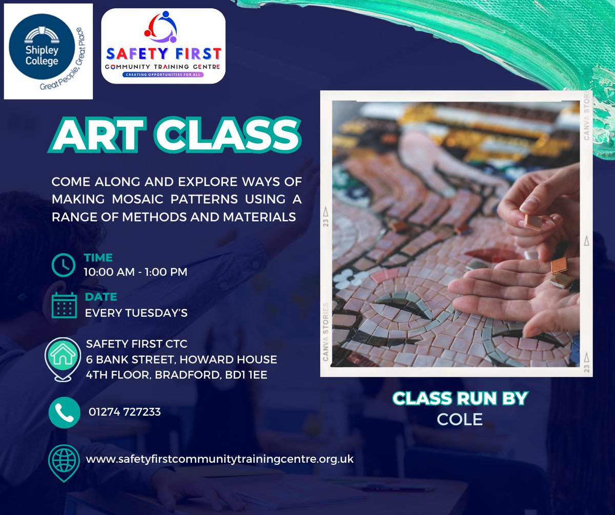 Safety First CTC (@firstctc) on Twitter photo Try our Mosaic Art Class in partnership with <a href="/Shipley_College/">Shipley College</a> at Safety First Community Training Centre every Tuesday's.
#communitysupport #communitylearning #mosaicart #CommunityFirst Try our Mosaic Art Class in partnership with <a href="/Shipley_College/">Shipley College</a> at Safety First Community Training Centre every Tuesday's.
#communitysupport #communitylearning #mosaicart #CommunityFirst