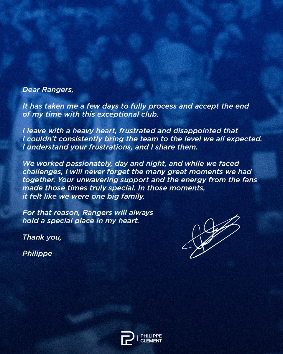 Philippe Clement (@philippe_clemnt) on Twitter photo Thank you <a href="/RangersFC/">Rangers Football Club</a>! 🔴⚪️🔵
Please find my personal message for you underneath. Thank you <a href="/RangersFC/">Rangers Football Club</a>! 🔴⚪️🔵
Please find my personal message for you underneath.